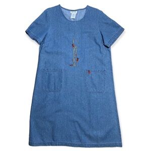 VINTAGE Blair Embroidered Ladybug Denim Short Sleeve Dress With Pockets Medium